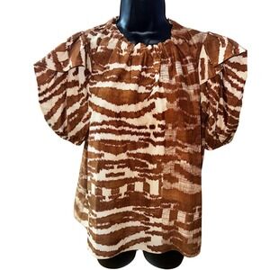 Ulla Johnson Neema Brown 100% Silk Puff Sleeve Blouse Top Size 6 Brown Cream